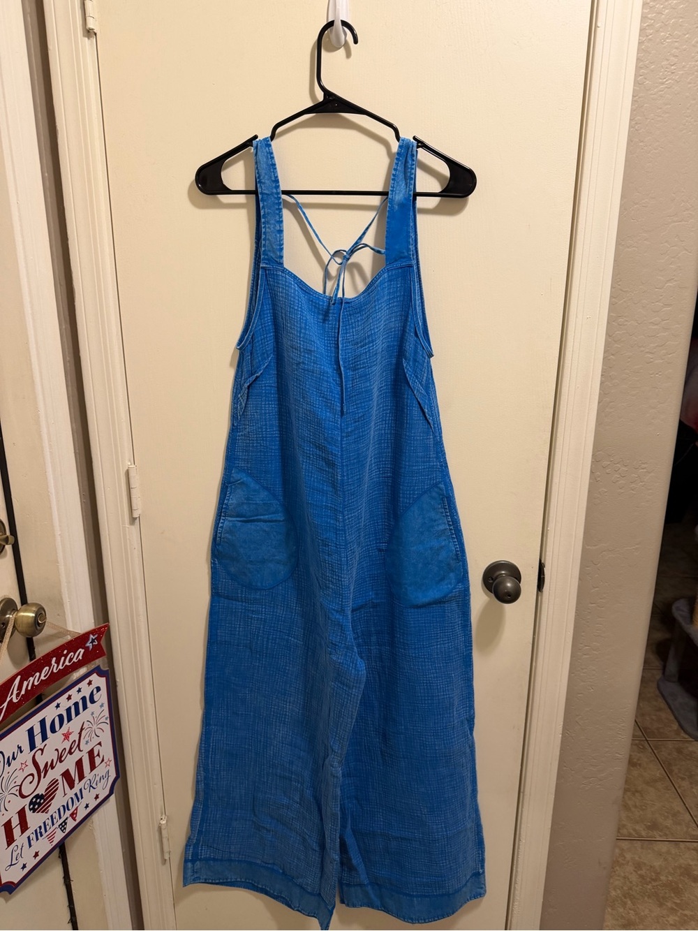 Zenana Blue Linen-Style Wide Leg Jumpsuit size medium